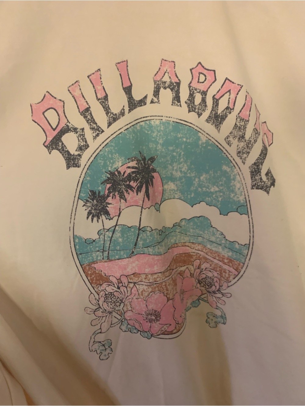 Billabong women /unisex White Tee with Pink & Aqua Vintage Beach Graphic